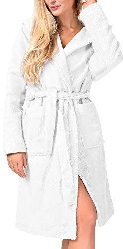 herzbach home Bademantel Damen Kapuze Baumwolle Frottee lang – flauschig weicher & gemütlicher Wellness Mantel (Weiß, S)
