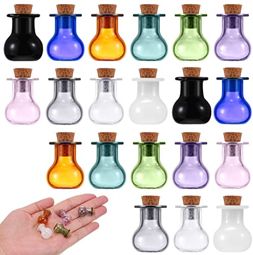 20 tarros de hechizos pequeños con corcho, pequeños tarros de poción de ron transparente, mini botellas de poción de vidrio multicolor, botella de deseos para bodas, fiestas de cumpleaños, suministros