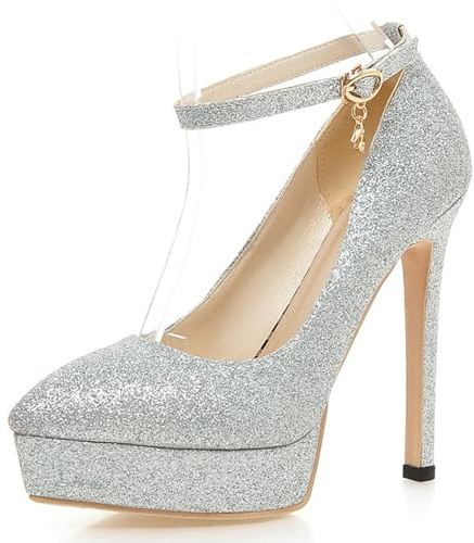 Décolleté a Spillo da Donna, Pompe al Tallone Alto Appuntito Fibbia Scarpe da Sera con Plateau con Cinturino alla Caviglia Paillettes Eleganti Vqygci Argento Numero 32 EU