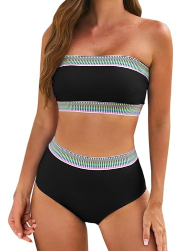 AMhomely Swim Two Piece for Women UK Ladies Strapless Swimming Costume Strapless Swimsuits Boho Hawaiian Bikini Sets Solid High Waisted Bathing Suits Solid Tube Modest Swimming Suits Black M
