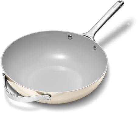 Caraway Non-Stick Stir Fry Pan - 12” Wok-Inspired Pan - Free From Forever Chemicals - High-Sloped Walls - Stainless Steel Handles - Cream
