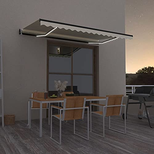 Homgoday Tenda da sole automatica con sensore a LED e vento, con braccio articolato, per balcone, parasole, con manovella, regolabile in altezza e angolo, 450 x 300 cm, color crema