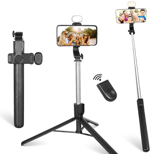 Trípode para selfie giratorio de 165 cm, 360°, extensible todo en 1, trípode con soporte para teléfono móvil, con mando a distancia Bluetooth, monopié para selfie, para vlogging, transmisión en