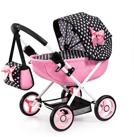 Bayer Design Cosy Doll Pram, Foldable Stroller for 18 in Dolls, Black-Pink with Heart Design