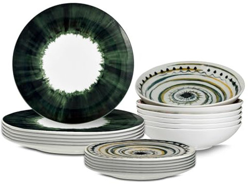ARCA, Set 18 Piatti Coordinati Apulia Spirale in Porcellana, Servizio per 6 Persone, con Piatti Fondi, Piani e da Dessert, Verde