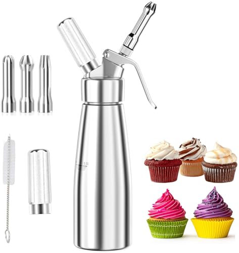500ml Sifone Panna Montata Anti Perdite, Montapanna con 3 Ugelli Acciaio Inox Diverso e Spazzola Pulizza, Sifone Alluminio Cucina per Decorazione Torte Compleanno, Pasticceria, Panna, Gelato, Dessert