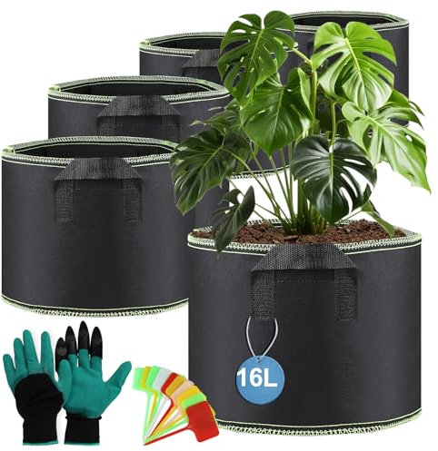 efuturetime 5 pcs. 16L Sac de Plantation Rond φ29 × 45 cm Pot en Tissu Respirant avec Poignée Panneaux Gant pour Légumes Fleurs Plantes Intérieur et Extérieur, Noir