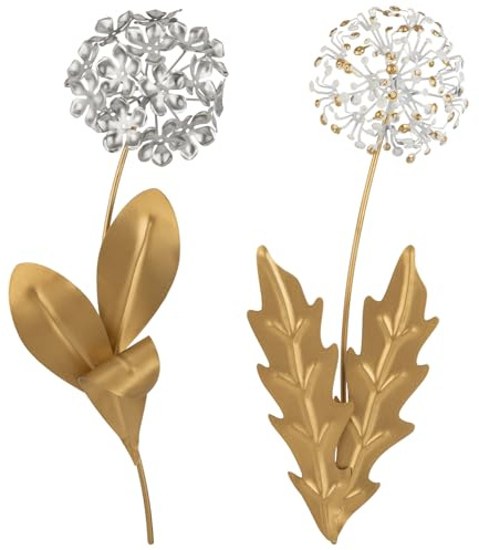 Oairse Juego de 2 hortensias de metal para pared, decoración de pared de flores doradas de 13 pulgadas para el hogar, decoración de pared floral 3D moderna para sala de estar, dormitorio, pasillo