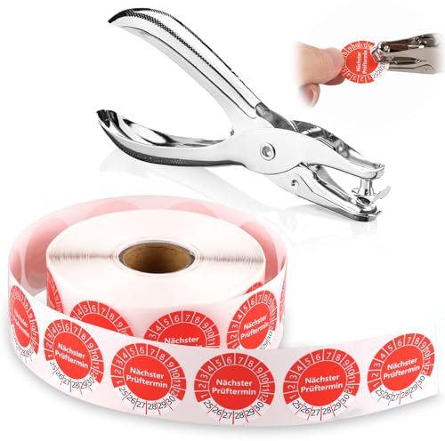 1000 Stück Prüfplaketten 30MM 1 Plakette Lochzange Rundloch 3MM Satz Rot Mehrjahresprüfplaketten 2025-2030 Selbstklebend Einzellochstanze Prüfsiegel Elektrogeräte Wartungsetiketten für Prüfung