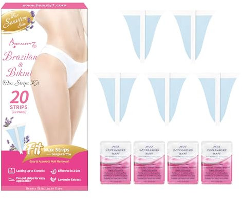 Beauty7 Strisce di cera fredda per bikini e ascelle, depilazione per pelli sensibili, strisce di cera per zona bikini per pelli sensibili, 20 strisce di guardia e 4 panni per olio detergenti