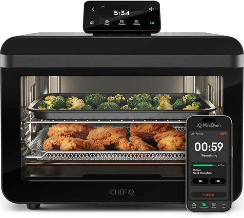 CHEF iQ MiniOven Smart Toaster Oven Air Fryer Combo, 11-in-1 Countertop Convection Oven, Bake, Broil, Air Fry, Broil, Dehydrate, 1750W, 25 Qt Capacity, Fast Cooking with Touchscreen Controls – Black