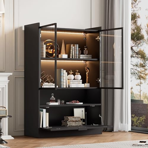 Biqzuya vitrina LED negro mate altura 120 cm con iluminación LED 16 colores, vitrina de cristal vitrina sobre pie con iluminación, mueble de salón con puertas de cristal y puerta abatible, aglomerado