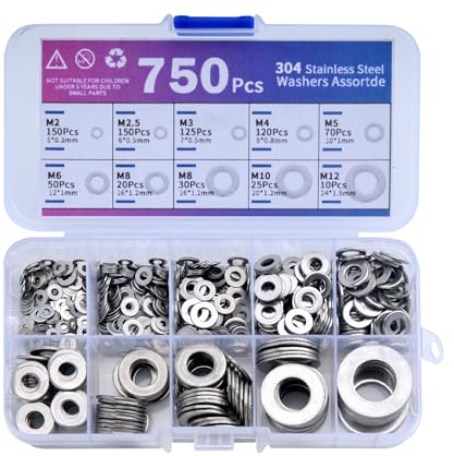 ‌SZWLJ 750 Pièces De Rondelles En Acier Inoxydable 304, 9 Tailles (M2/M2.5/M3/M4/M5/M6/M8/M10/M12) - Set De Rondelles Métal Pour Vis Et Gonds De Porte, Diy & Maison.