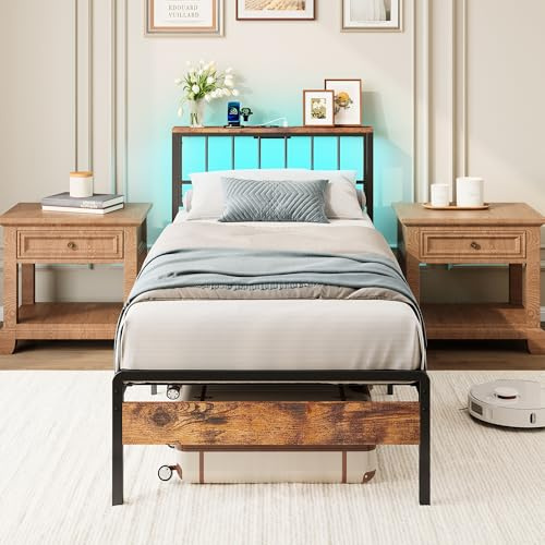 IRONCK Bettgestell 90x200, Bett mit LED Beleuchtung und Ladestation(Steckdosen, USB-A und USB-C Anschlüssn), Stauraum unter dem Bett, Jugendbett mit Lattenrost aus Metall, Einzelbett, 90x200cm