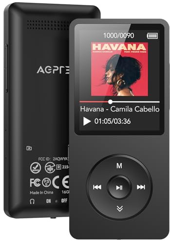 AGPTEK 16GB Reproductor MP3 Bluetooth 5.3 MP3 Player Deportivo Portátil A02 | 1.8 Pantalla｜30H de Reproducción｜MP3 de Niños Radio FM｜Externo hasta 128GB(Sin Auriculares)｜Negro