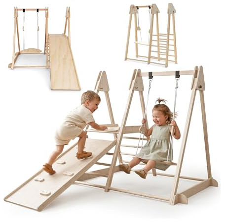 Mamabrum 3-i-1 inomhus lekplats i trä med rutschkana, klättervägg och gunga, Montessori hopfällbart set i bok, 118 x 105 x 119,5 cm, 3 år +