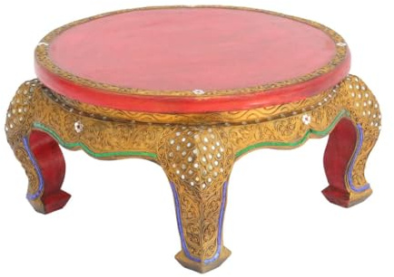 Oriental Galerie Opiumtisch Rund Spiegelsteine Beistelltisch Rot Antik Nachttisch Couchtisch Holztisch Thailand 50cm Ø