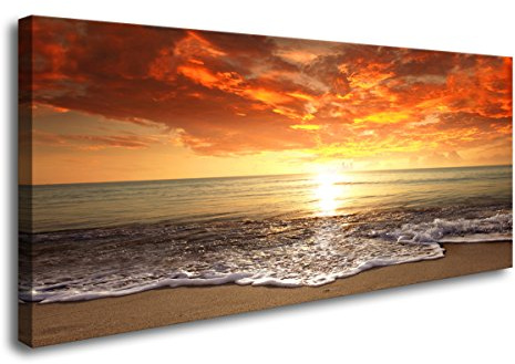 Baisuart-S0150 Canvas Prints Wall Art Sunset Ocean Beach Pictures Photo Paintings for Living Room Bedroom Home Decorations Modern Stretched and Framed Seascape Waves Landscape Giclee Artwork