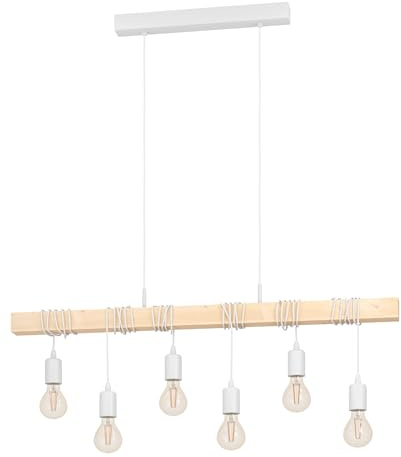 Eglo Lampada a sospensione Townshend, Lampadario sospeso vintage a sei luci dal design industriale, Lampada sospesa retrò in acciaio e legno, bianco, marrone, E27