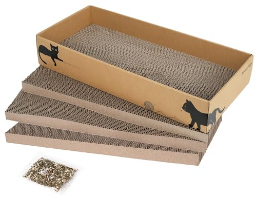PrimePets 3-Pack Cat Scratcher Cardboard with Box, 17.3 Large Reversible Cat Scratching Pads for Indoor Cats, Heavy Duty Corrugated Cat Scratches Board, Furniture Protector for Large Cats & Kittens