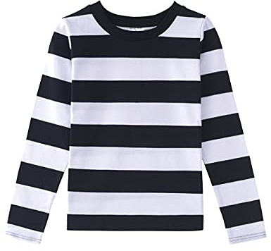 Spring&Gege Ragazzi Maglietta in Cotone a Maniche Lunga a Righe con Scollo Rotondo per Bambini, Bianco Nero, 7-8 Anni