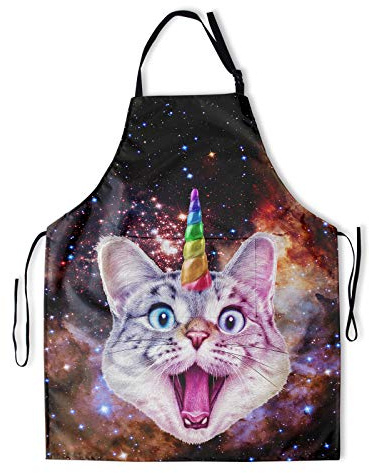 DZGlobal Chef Apron for Men Women – Kitchen Apron Screen-Printed with Unicorn Cat – 100% Waterproof Protects The Grill Master from Grease Splatter and Stains