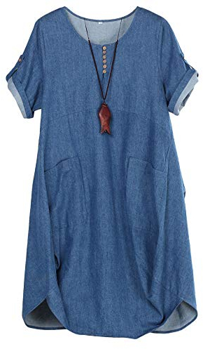 FTCayanz Damen Tunika Kleider Sommer Kurzarm Leinenkleider Boho Lang Sommerkleider Große Größen Denim Blau XL