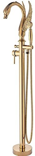 Gold Freestanding Bath Tap, Luxury Swan Tub Tap with Handheld Shower, Single Handle Tub Faucet Floor Mounted, Bath Shower Mixer Tap, Brass,B