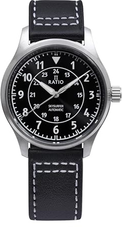 RATIO Pilot Style Watches Analog Display Japanese Automatic 12/24 Hours Time Display 200M Water Resistant Casual wear Watch for Men (Black Sunray)