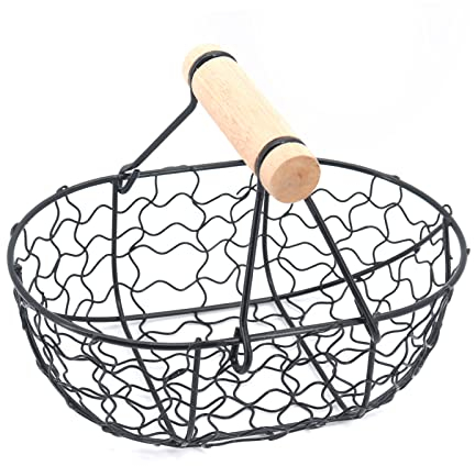 MoYouno Wire Egg Baskets, Metal Desktop Storage Basket，with Handle Iron Art Eggs Tray, Bread Basket Kitchen Desktop, for Carrying and Collecting Fruit Food (Black)