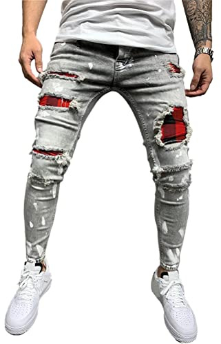 Onsoyours Jean Troué Homme Skinny Casual Slim Fit Pantalon Denim Styles Déchiré Sport Trousers avec Fermeture Éclair Casual Pants Trekking Outdoor Cargo Vintage A Gris S