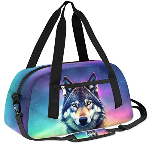 Wolf Kids Duffle Bag, Galaxy Wolf Starry Sky Gym Bag, Girls Dance Bag Boys Sport Bag, Lightweight Water Resistant Foldable Sports Gym Bag Weekender Overnight Sleepover Carry On Travel Bag