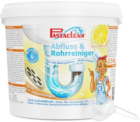 Pastaclean® Abflussreiniger Rohrreiniger, Entfernt Rohrverstopfungen im Bad & Küche, EXTRA STARK - Bis zu 134 Anwendungen, Entfernt Haare, Ablagerungen & Gerüche, (Duft: Zitrone), 3,5Kg