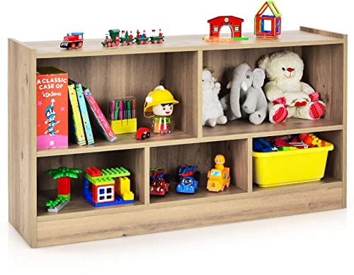 HOMASIS Scaffale per Bambini a 2 Livelli con 5 Scomparti, Libreria per Bambini in Legno, Armadietto Aperto per Stanza dei Giochi, Camera da Letto, Salotto, Aula, 111 x 30 x 61,5 cm (Naturale)