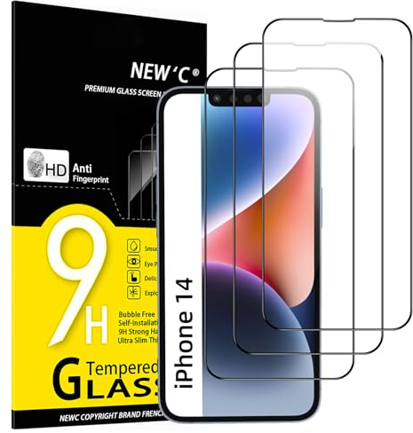 NEW'C 3 Stück, Full Screen schutzglas für iPhone 14, iPhone 13, iPhone 13 Pro (6,1 Zoll), Schwarzer Rand Panzer Schutz Glas, Frei von Kratzern, 9H Härte, Displayschutzfolie, Ultrabeständig