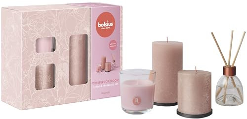 Bolsius Candele rustiche con diffusore a bastoncini e candela profumata - Set regalo di 4 pezzi - Whispers of Bloom - Candele decorative per la casa - Lunga durata