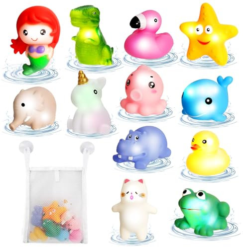 Conjunto Juguetes para Baño, 12 Piezas Juguetes Bañera Bebé, Juguetes de Bañera con Luz LED Colorida, Juguetes de Ducha para Cumpleaños, Juguetes Bañera para Bebé Niños Niñas de 1 2 3 4 5 Años