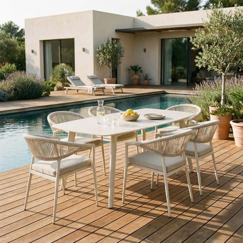 Gartenmöbel Set SELI Gartenmöbelset mit 1 Tisch und 6 Stühlen, Tischgröße 180 x 90 x 75, Cremeweiß – aus pulverbeschichtetem Aluminium mit robuster Keramik-Tischplatte, wetterfest mit Sitzkissen