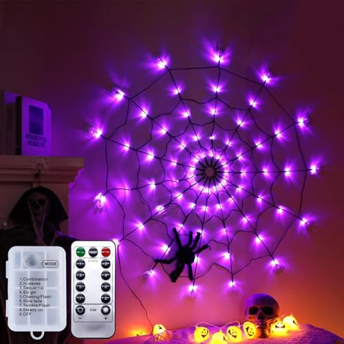 Koboko Halloween spindelnätslampor, 70 LED-spindelnät, dekorativt ljus med 8 lägen och fjärrkontroll, spindelvävsslinga med svart spindel, Helloween, dekorationslampor för trädgård, utomhus, inomhus