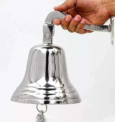 Polished Chrome Ship Bell, Nautical Wall Mounted Hanging Bell with Rope, Maritime Decor for Home, Garden, Boats