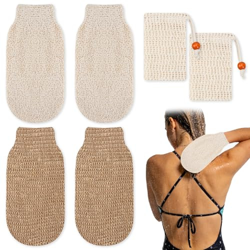 4er Set Peelinghandschuh Körper aus Naturfasern mit 2 Extra Netztaschen, Massagehandschuhe, Duschhandschuh, Massage Waschlappen, Peelinghandschuhe für Strahlende Haut