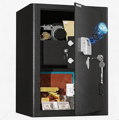 WASJOYE Ignifuge Coffre-Fort d'Empreinte Digitale, 57L Biométrique Armoire Coffre-Fort à Domicile avec Tiroir anti Feu et Automatique Serrure pour la Maison, le Bureau, l'Hôtel