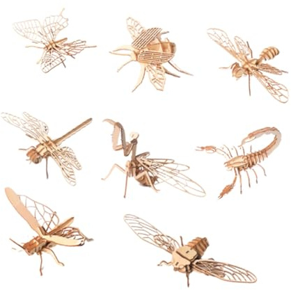 Kisangel Rompecabezas 3D de Madera de Insectos para Niños, 8 Piezas, Modelo para Pintar, Kit de Manualidades Educativas, Juguete Creativo y Didáctico para Desarrollo Infantil