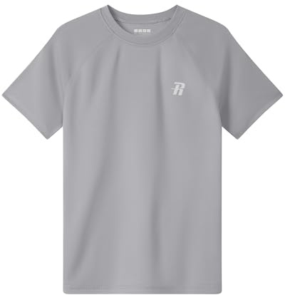 Runhit Rash Vest Kids Short Sleeve, UPF 50+ Sun Protection Boys UV Swim Top, Quick Dry Rash Guard T Shirt for Beach Running Fishing Surfing Outdoor Sport, Light Grey Age 13-14 Years