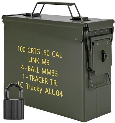 Trucky Caja de munición con candado 28 x 10 x 23 cm, caja de metal, caja de munición con tapa, color verde