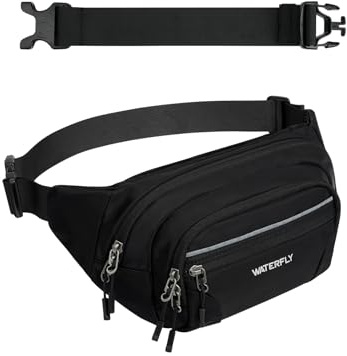 WATERFLY Marsupio da uomo e donna: grande marsupio con protezione RFID, cintura di estensione, elegante marsupio sportivo per viaggi, escursioni, attività all'aperto, Nero , 27 x 9 x 15 cm, Marsupio
