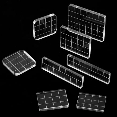 Heclia 8 Pcs Acrylic Stamp Blocks for Stamping Clear Acrylic Stamping Blocks Set with Grid Lines Assorted Sizes Clear Stamp Base Stampings Tool for Scrapbooking Card Making DIY Ornaments