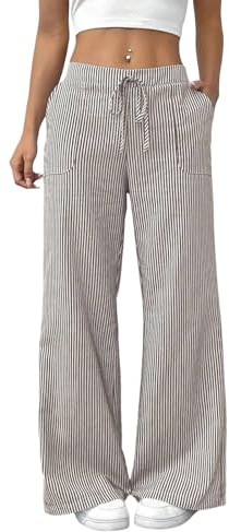 Cotton Linen Trousers for Women, Striped Wide Leg Trousers Women High Waisted Drawstring Baggy Palazzo Pants Casual Lightweight Full Length Beach Holiday Bottoms Summer Harem Trouser with Pockets