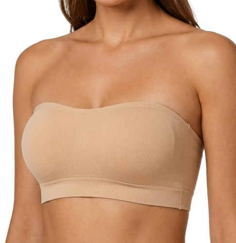 KAZGVN Bandeau Top, Non Underwire Non Padded Seamless Bandeau Bra with Transparent Bra Strap, Tube Top for Low Cut Dress Weddings Parties Dances (UK, Alpha, S, Regular, Regular, Beige)