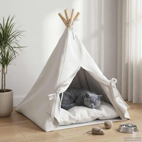 sephironlbb Tipi para mascotas con cojín blanco de poliéster y madera de pino 50 x 50 x 60 cm, interior con cuerdas, plegable, cómodo lugar de descanso para cama de gato, cesta para gatos, cama para